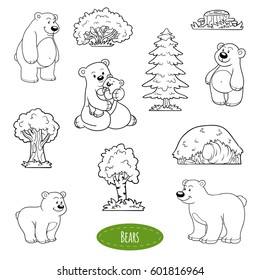 Black and white set of cute animals and objects, family of bears