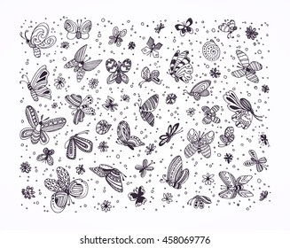 Black and white set of cute butterflies, doodle collection for adult coloring book page. Hand drawn vector illustration, decorative elements, flowers.