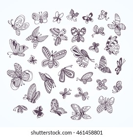 Black and white set of cute butterflies, doodle collection for adult coloring book page. Hand drawn vector illustration, decorative elements.