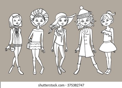 Black & white set of cute dress up paper doll teen girls. Body template. Vector illustration
