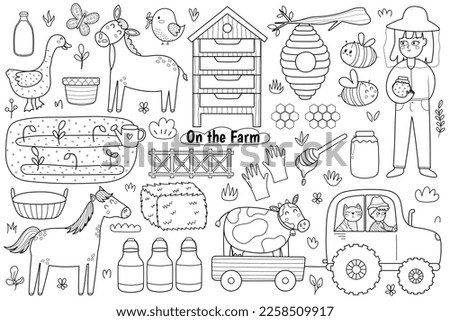 Black and white set with cute farm animals - cow, horse, donkey and goose. Coloring page with little farmers, gardening equipment, tractor, beehive, milk, garden bed with sprouts and other elements. 
