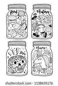Black and white set of cute jars. Collection of illustrations for coloring.