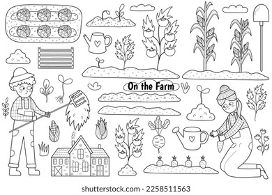 Black and white set with cute kids farmers working in the garden. Coloring page with boy making hay, girl harvesting carrots, garden beds with tomatoes. Agriculture and gardening. Vector illustration