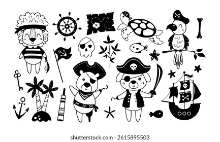 Black and white set with cute pirate animals, pirate objects, ocean elements. Summer hand drawn vector illustration in flat style