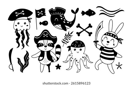 Black and white set with cute pirate animals, pirate objects, ocean elements. Summer hand drawn vector illustration in flat style