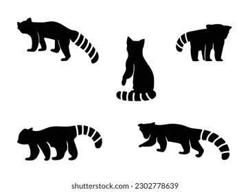 Black and white set of cute red pandas in different poses, flat style animal character design on white background.