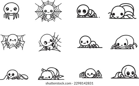 black and white set of cute spiders line art vector 
