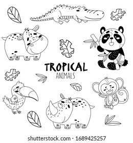 Black and white set cute tropical animals isolated background. In the picture are a hippo, a crocodile, a panda, a monkey, a rhino, a parrot. Stylized inscription and sketch of tree leaves