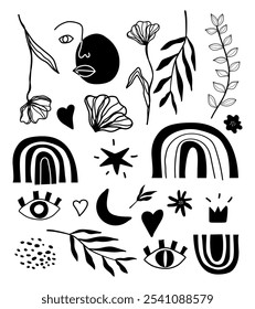 Black and white set of decorative elements. Plants, rainbow, crown and others. Hand drawn, flat style. eps 10