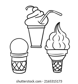 Black and white set of delicious vanilla and fruit ice cream in cartoon style, milkshake with a straw, vector illustration on a white background, coloring book