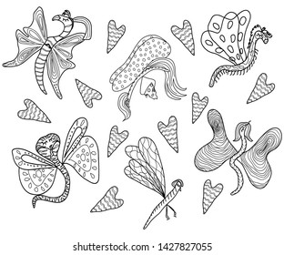 Black and white set with different butterflies and insects in cartoon style