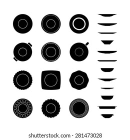 Black and white set of different icons plates top and side views isolated on white background. Collections of monochrome empty dishes silhouettes. Tableware icon set.