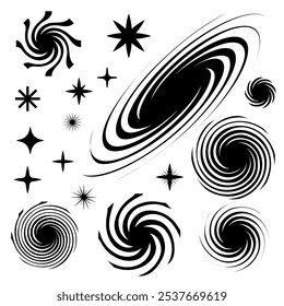 Black and white set of different stars and spiral universe. Mystical elements, astrological horoscope symbol, christmas star. For cards, logos, decoration, new year invitations, boho