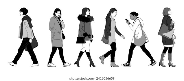 Conjunto blanco y negro de diferentes mujeres caminando en perfil. Personajes de dibujos animados femeninos. Usando ropa de moda informal en la calle. Ilustración vectorial. Aislado sobre fondo blanco.