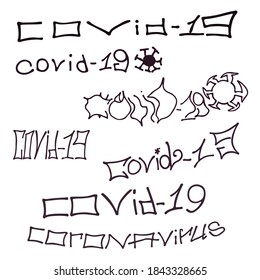 Black and white set of different words- covid. Hand drawn elements for typography, graphic design. Vector clipart.