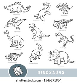 Black and white set of dinosaurs, collection of vector animals with names in English. Cartoon visual dictionary for children