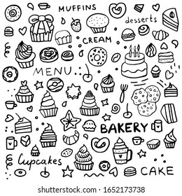 Black and white set doodle baking. Bakery Set: Dessert Muffins, Cupcakes, Pastries, and Cakes