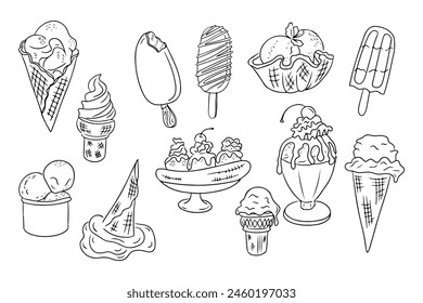 Black and white set of doodle ice cream drawings. Contour hand drawn illustration with different type of refreshing food isolated on white background. Good for stickers and coloring pages