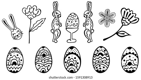 Black and white set of doodles for Easter. Isolated eggs, rabbits and abstract flowers for coloring. Hand drawing. Vector.