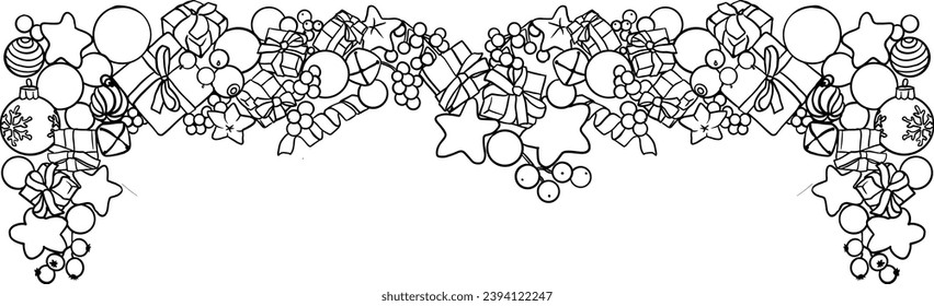 Black and white set of drawings of new year things, line - art, line art colouring page, vector.