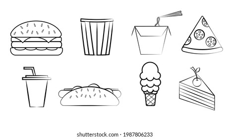 Black and white set of eight icons of delicious food and snacks items for a restaurant bar cafe on a white background: burger, popcorn, noodles, pizza, soda, hot dog, ice cream, cake