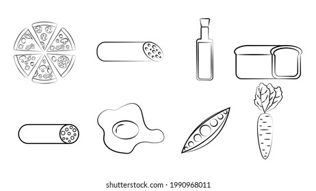 Black and white set of eight icons of delicious food and snacks items for a restaurant bar cafe on a white background: pizza, sausage, olive oil, bread, egg, peas, carrots