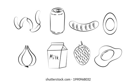 Black and white set of eight icons of delicious food and snacks items for a cafe bar restaurant on a white background: sausages, soda, sausage, egg, garlic, milk, strawberries