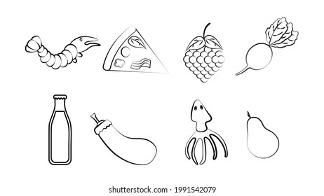 Black and white set of eight icons of delicious food and snacks items for a restaurant bar cafe on a white background: shrimp, pizza, grapes, radish, soda, squid, pear