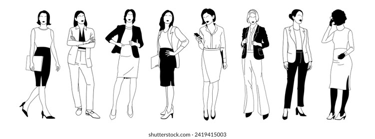 Black and white set of elegant businesswomen wearing smart casual outfit. Collection of handsome female characters different races, body types. Vector flat illustration isolated on white background.