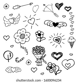 Black and white set of elements on the theme of Valentine's Day. Bouquet of roses, hearts with wings, Cupid's arrow, small flowers.