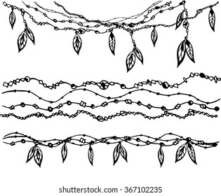 The black and white set of ethnic borders with beads and feathers. Decoration for dream catcher. Vector illustration.