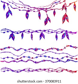 The black and white set of ethnic borders with beads and feathers. Decoration for dream catcher. Vector illustration.
