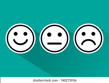 Black And White Set Of Face Icons With Positive, Neutral And Negative Mood On Turquoise Background. Vector Illustration