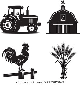 Black and white set featuring a farm tractor, a rustic barn with a rooster weather vane, a crowing rooster, and a bundle of wheat