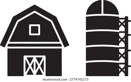 Black and white set featuring a traditional wooden barn with a square window and a tall cylindrical farm silo with a ladder