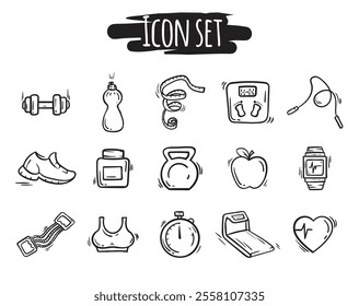 Black and white set of fitness, sport icons. Hand drawn signs and symbols of sports equipment, active lifestyle, gym, training. Collection of vector editable graphics