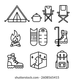 Black and white set of flat camping themed design elements