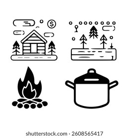 Black and white set of flat camping themed design elements