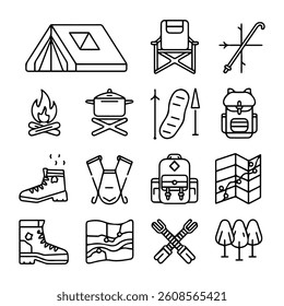 Black and white set of flat camping themed design elements