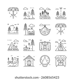 Black and white set of flat camping themed design elements