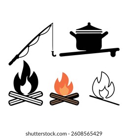 Black and white set of flat camping themed design elements