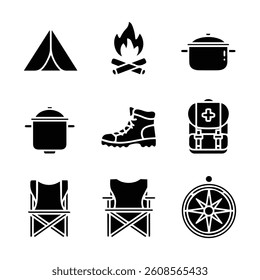 Black and white set of flat camping themed design elements