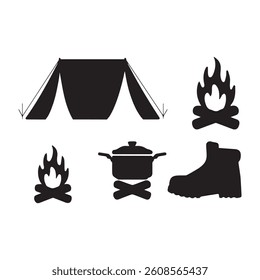 Black and white set of flat camping themed design elements