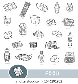 Black and white set of food, collection of vector items with names in English. Cartoon visual dictionary for kids