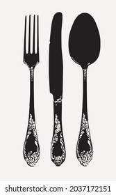 Black and white set of fork, spoon and knife in retro style. Vintage silverware or flatware vector illustration. Ornate silver or steel cutlery close-up on white background. Beautiful old tableware