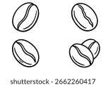 Black and white set of four outlined coffee beans in various positions. Hand-drawn cartoon style. Perfect for coloring books, logos, templates, and minimalist cafe or coffee-themed designs.