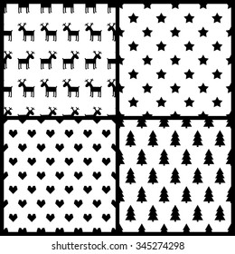 Black and white set of four retro seamless backgrounds with stars, hearts, deers, christmas trees. Vector patterns for winter holidays.