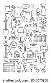 Black and white set of garden tools, seedlings, flower isolated on white background. Flower in pot, garden fork, shovel, farm, rake, seedling, watering can, sproute, pruner, hoe, sickle, sprayer
