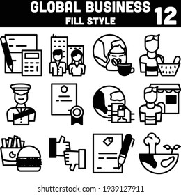 Black And White Set of Global Business Icon In Flat Style.