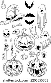 Black and white set of halloween icons vector illustration
